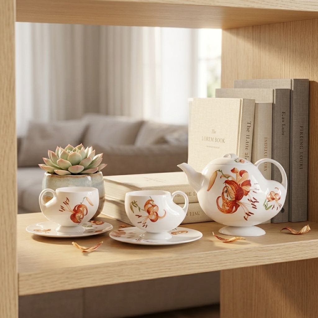 青春 In Bloom 百合白瓷茶具組,白瓷茶壺與茶杯於戶外自然光下展示,展現百合花盛放的生命力