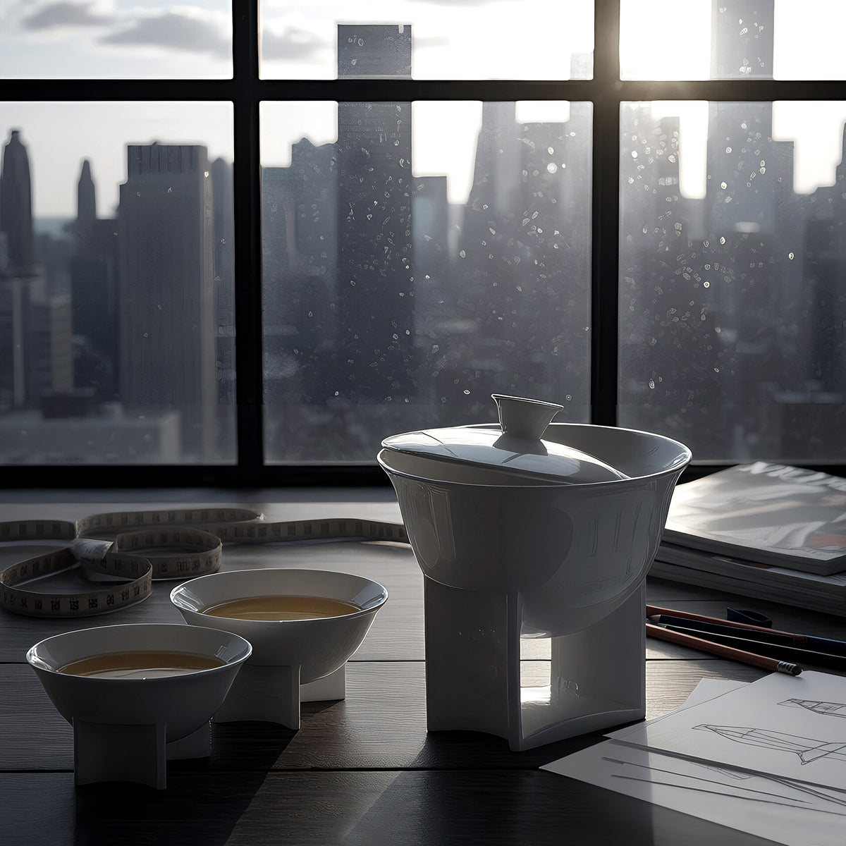 〈如意雲遊〉蓋碗與茶杯,窗外城市景
