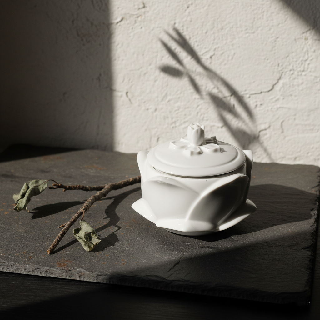 花開白瓷瓷盒淺灰背景・蓮花瓷盒整體造型・八方新氣 NewChi Porcelain