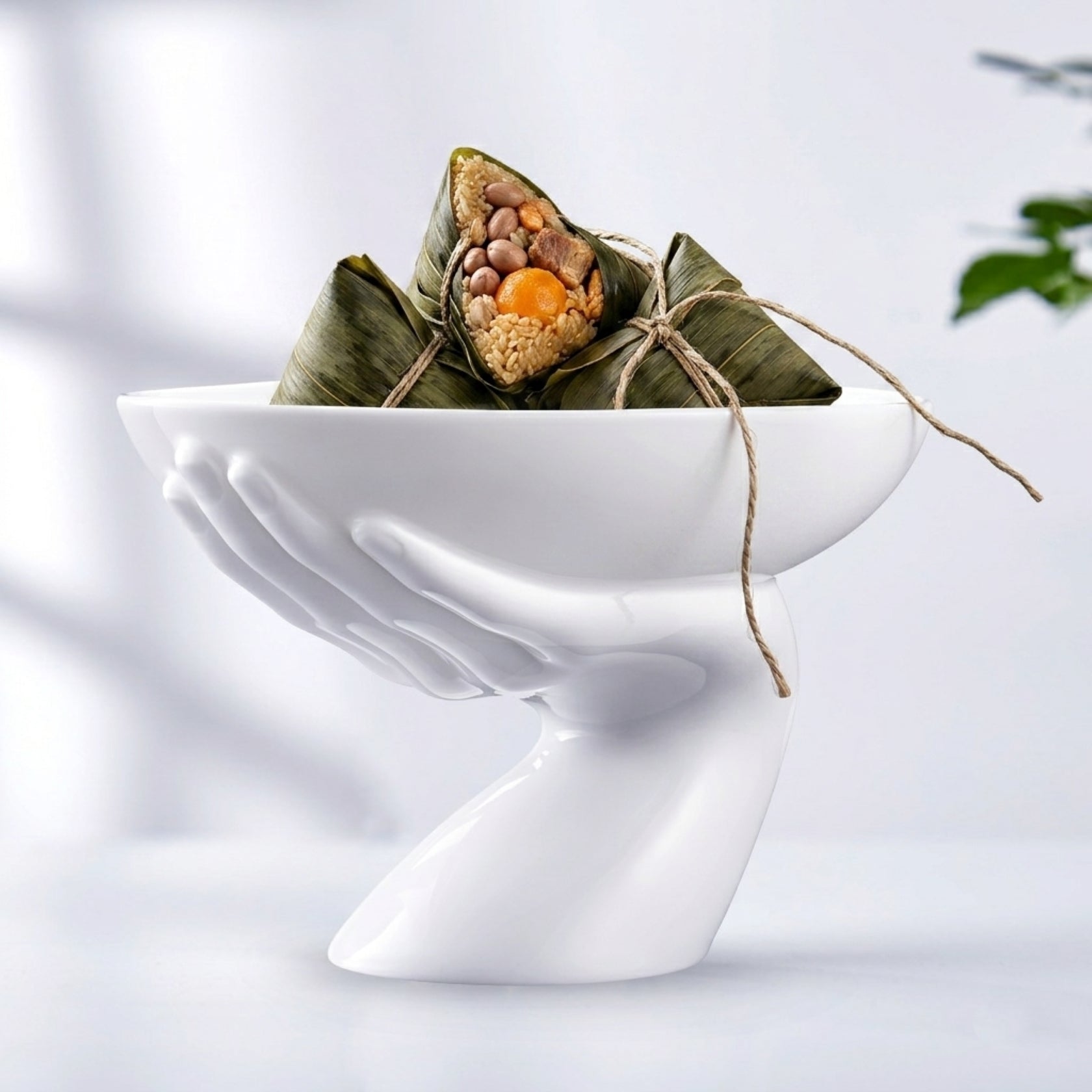 富貴吉祥白瓷托手果盤盛裝台灣肉粽,純白背景,展示單手托起造型,八方新氣 NewChi Porcelain