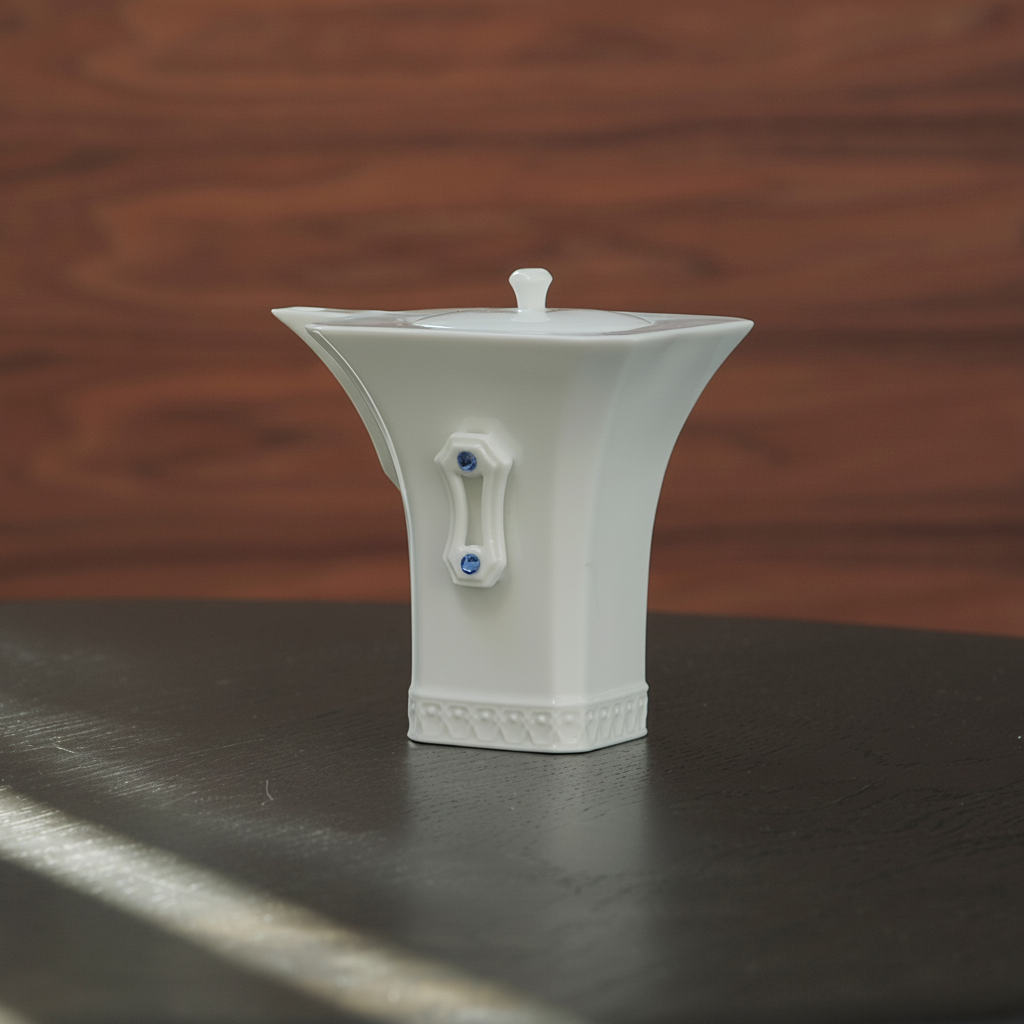 明珠在握白瓷茶壺單品照,向上展開的壺口、方形底座與水鑽嵌飾清楚可見