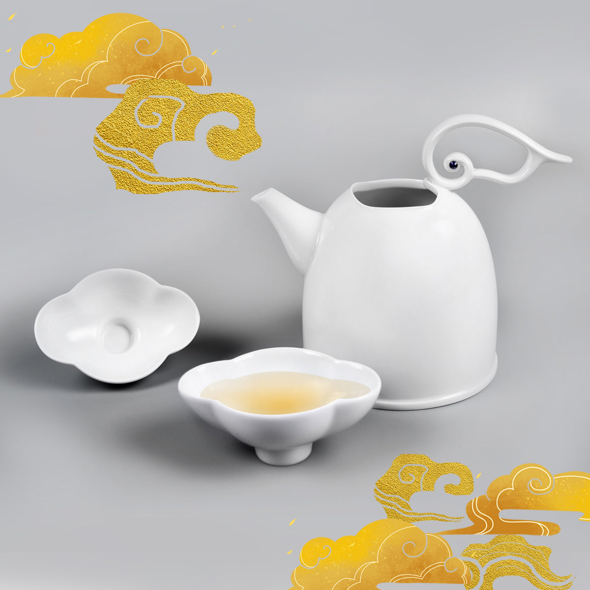 八方新氣雲享壺杯組|中秋茶具禮盒|祥雲造型壺與雲型茶杯