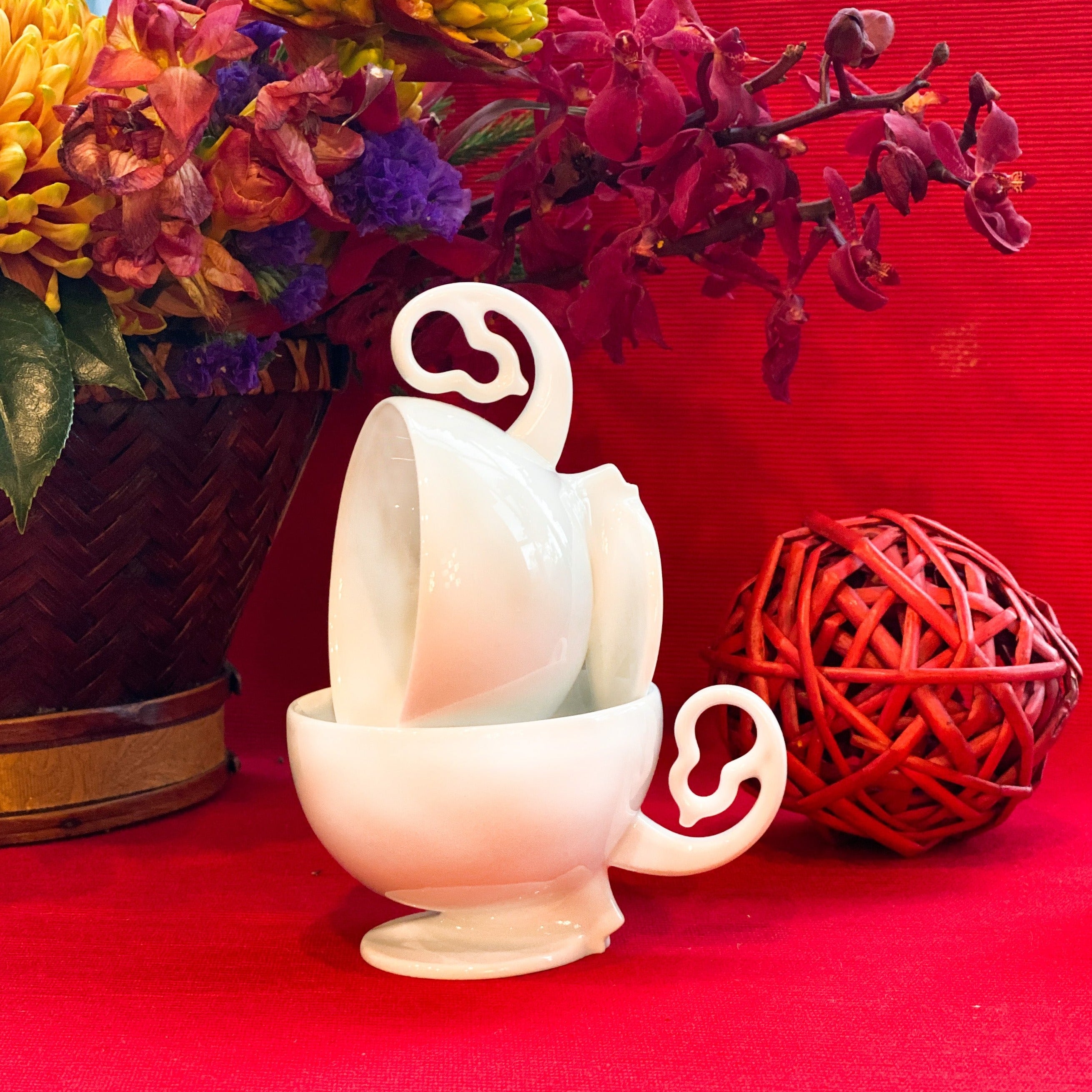 八方新氣 瓷器 對杯 送禮 葫蘆 把手 白色