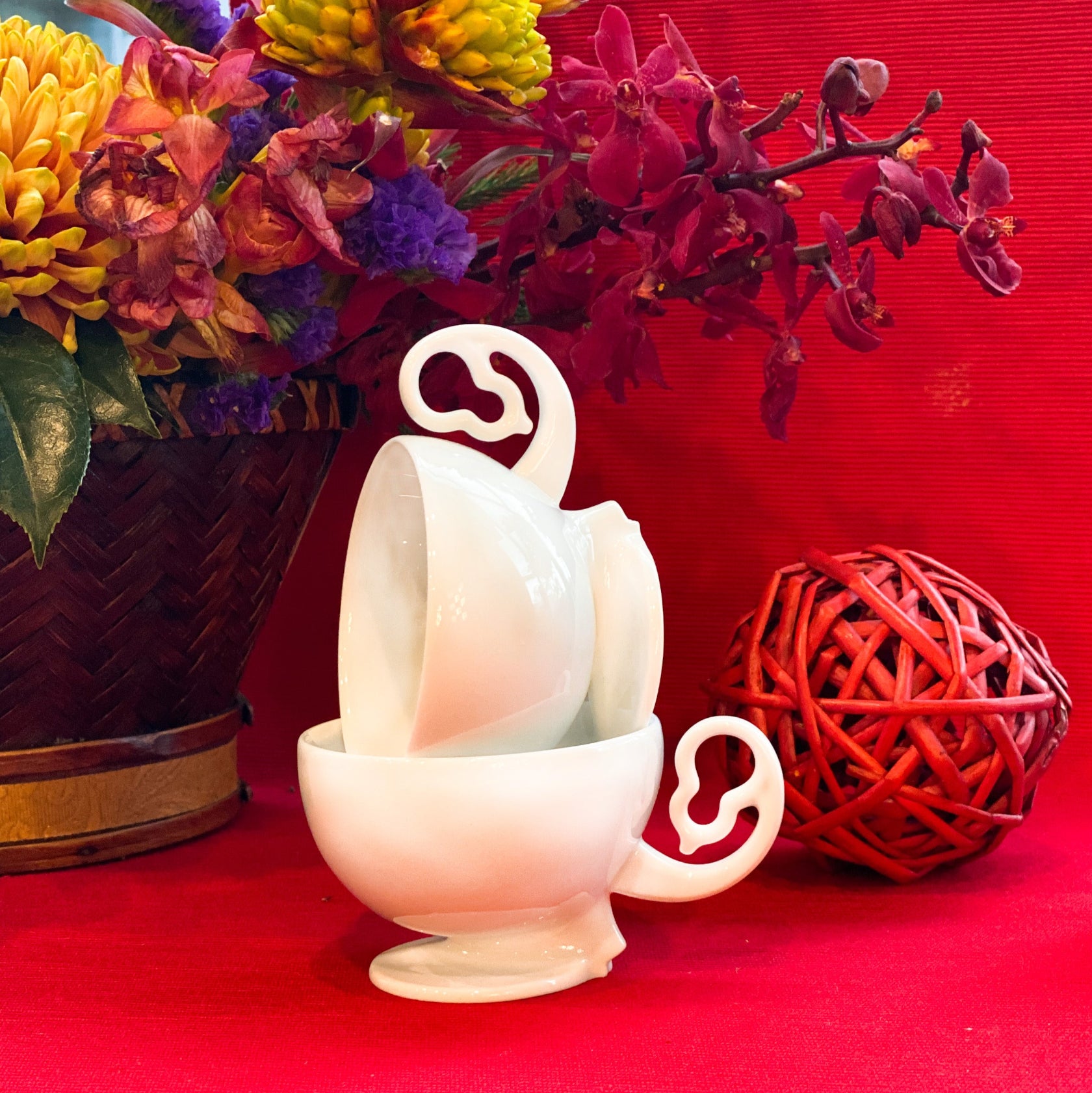 八方新氣 瓷器 對杯 送禮 葫蘆 把手 白色