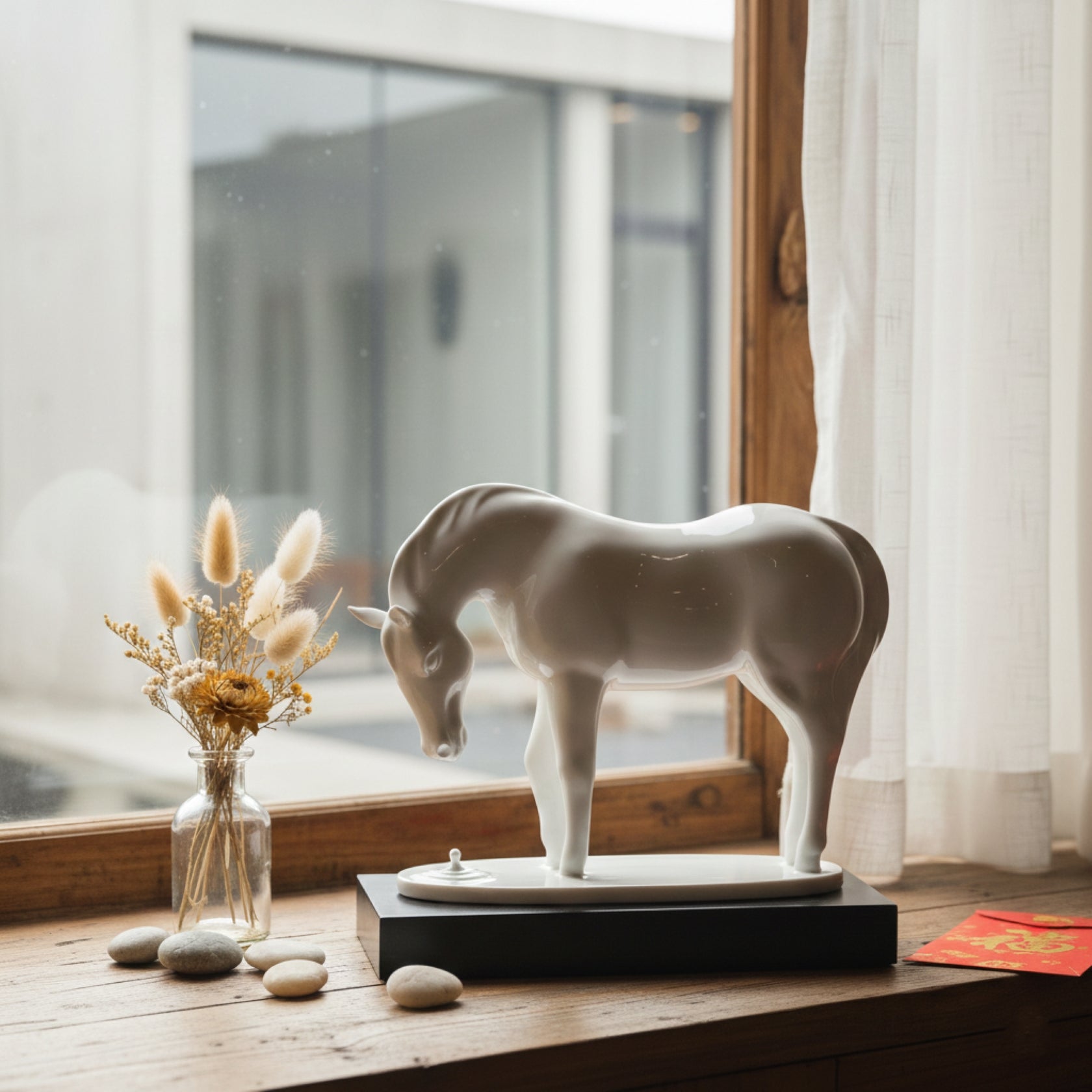 飲水思源作品特寫,馬匹眼神溫柔,水滴於底座上擴散成漣漪