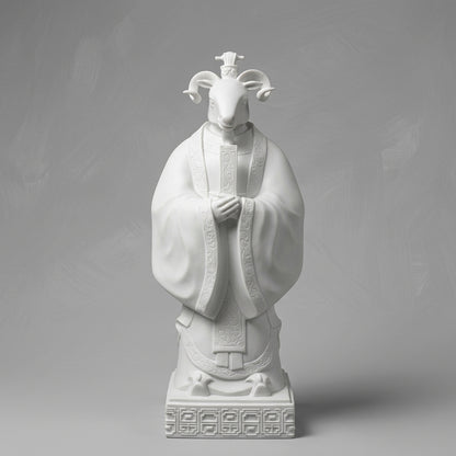 《致和》白瓷生肖羊雕塑正面側視角，展現寬袖與從容姿態