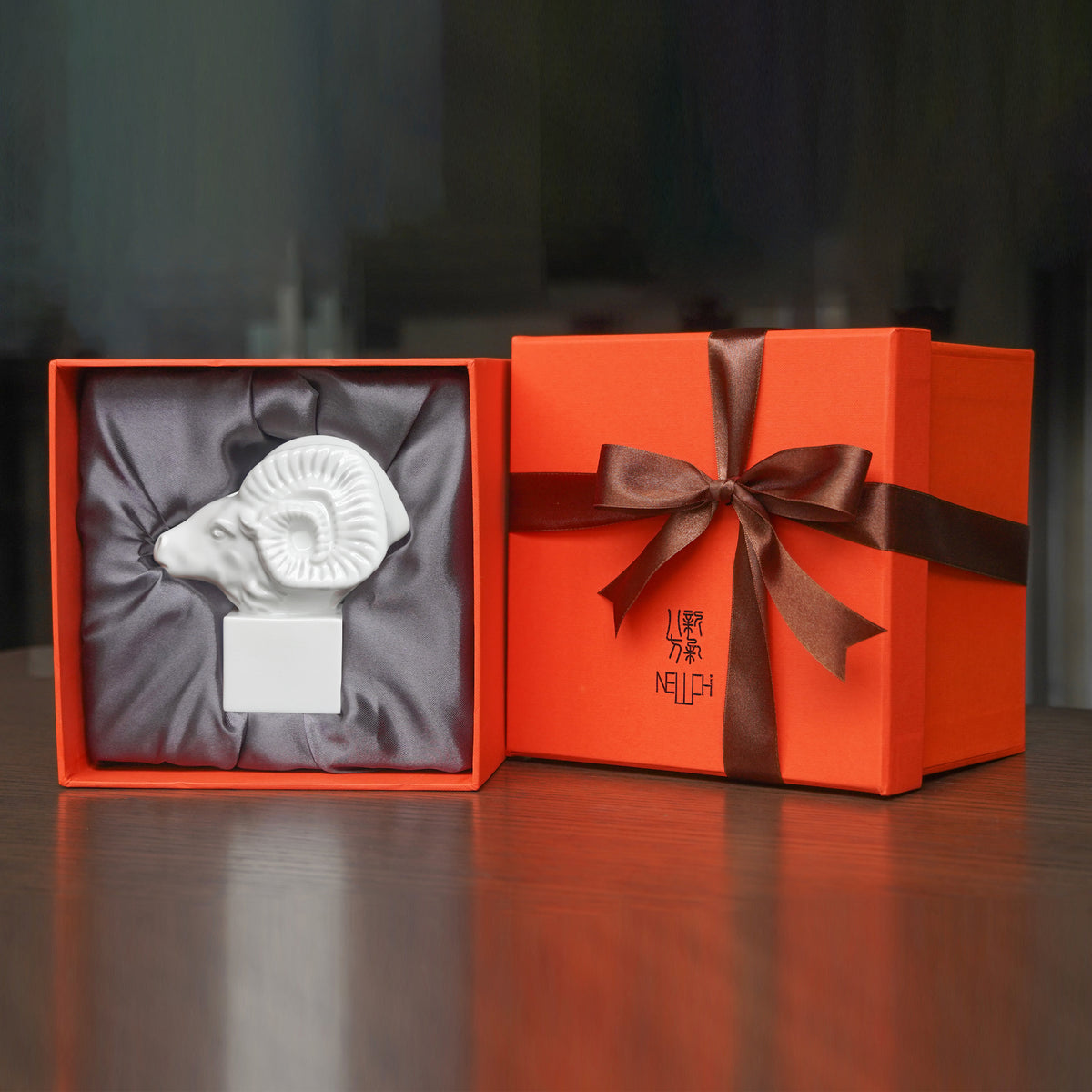 Leading Role porcelain zodiac ram pen holder with NewChi orange gift box, by Heinrich Wang