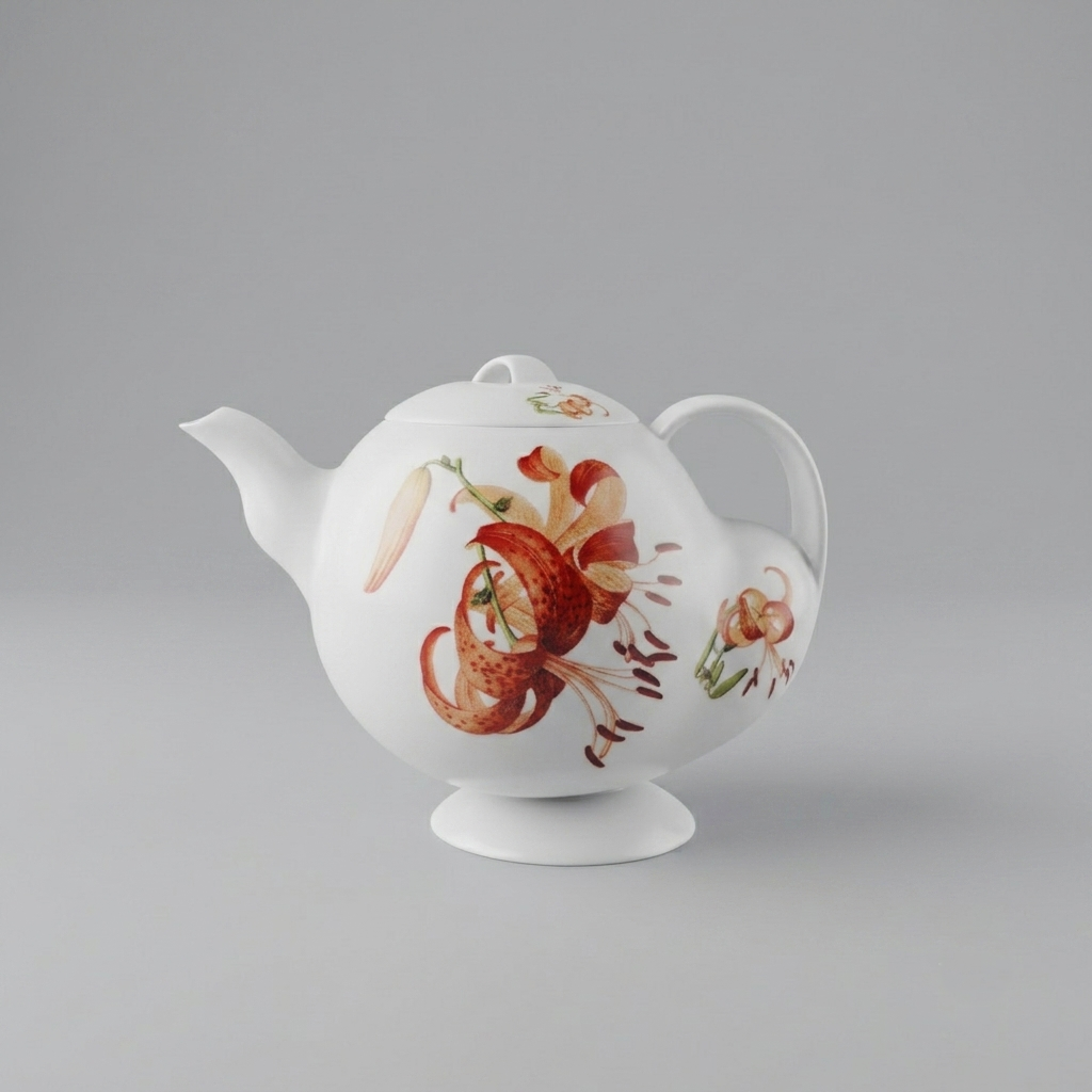 青春 In Bloom porcelain teapot with lid, detailed floral artwork inspired by Giuseppe Castiglione’s lily paintings