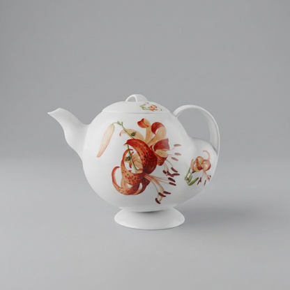 青春 In Bloom porcelain teapot with lid, detailed floral artwork inspired by Giuseppe Castiglione’s lily paintings