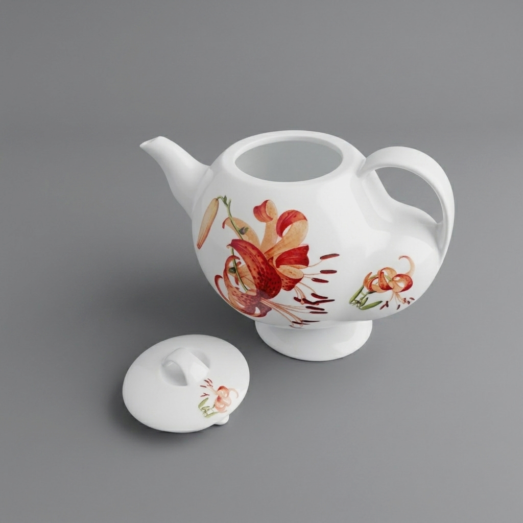 八方新氣 故宮聯名 青春 In Bloom porcelain teapot side profile, blooming lily decoration wrapping around the rounded vessel form