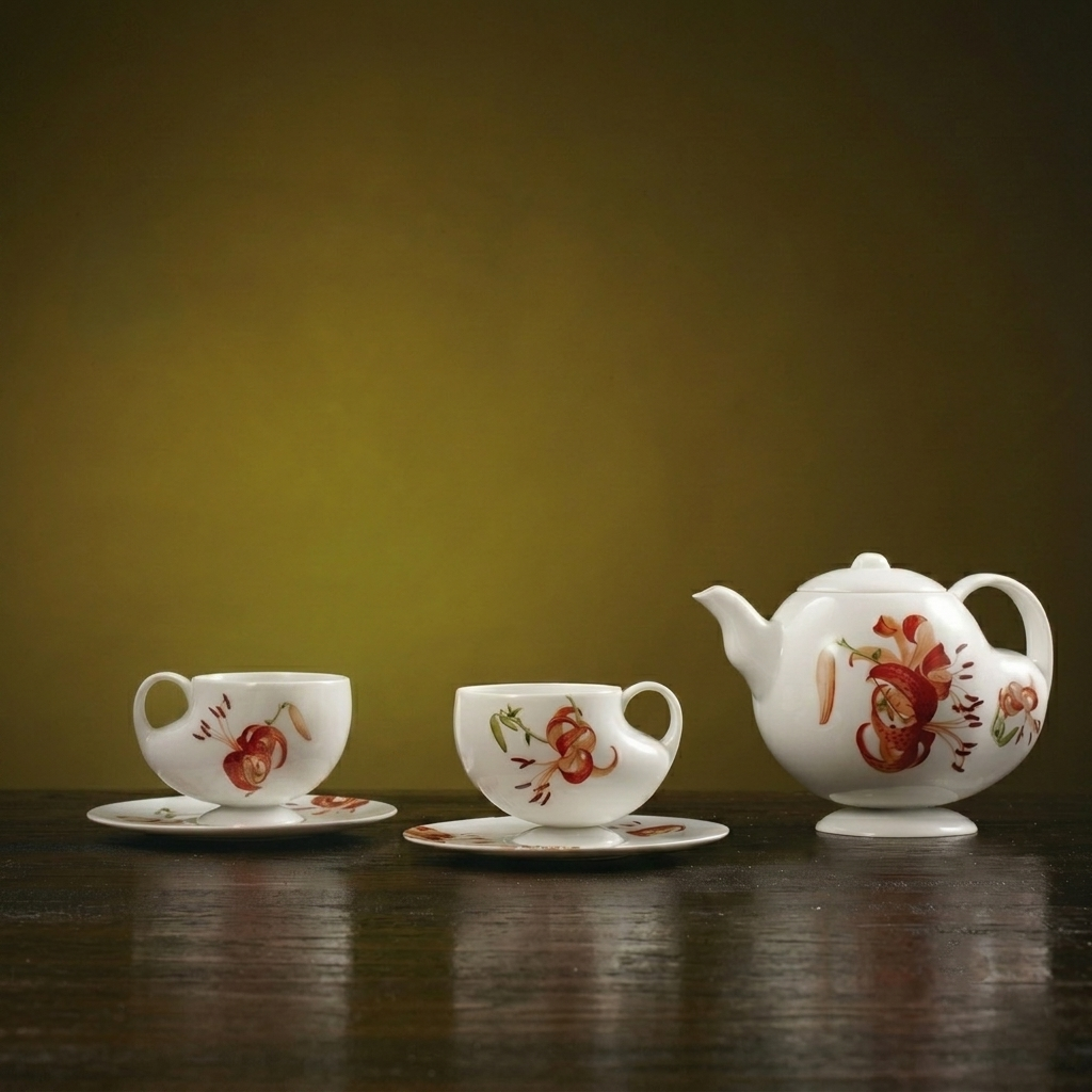 青春 In Bloom porcelain teapot side profile, blooming lily decoration wrapping around the rounded vessel form