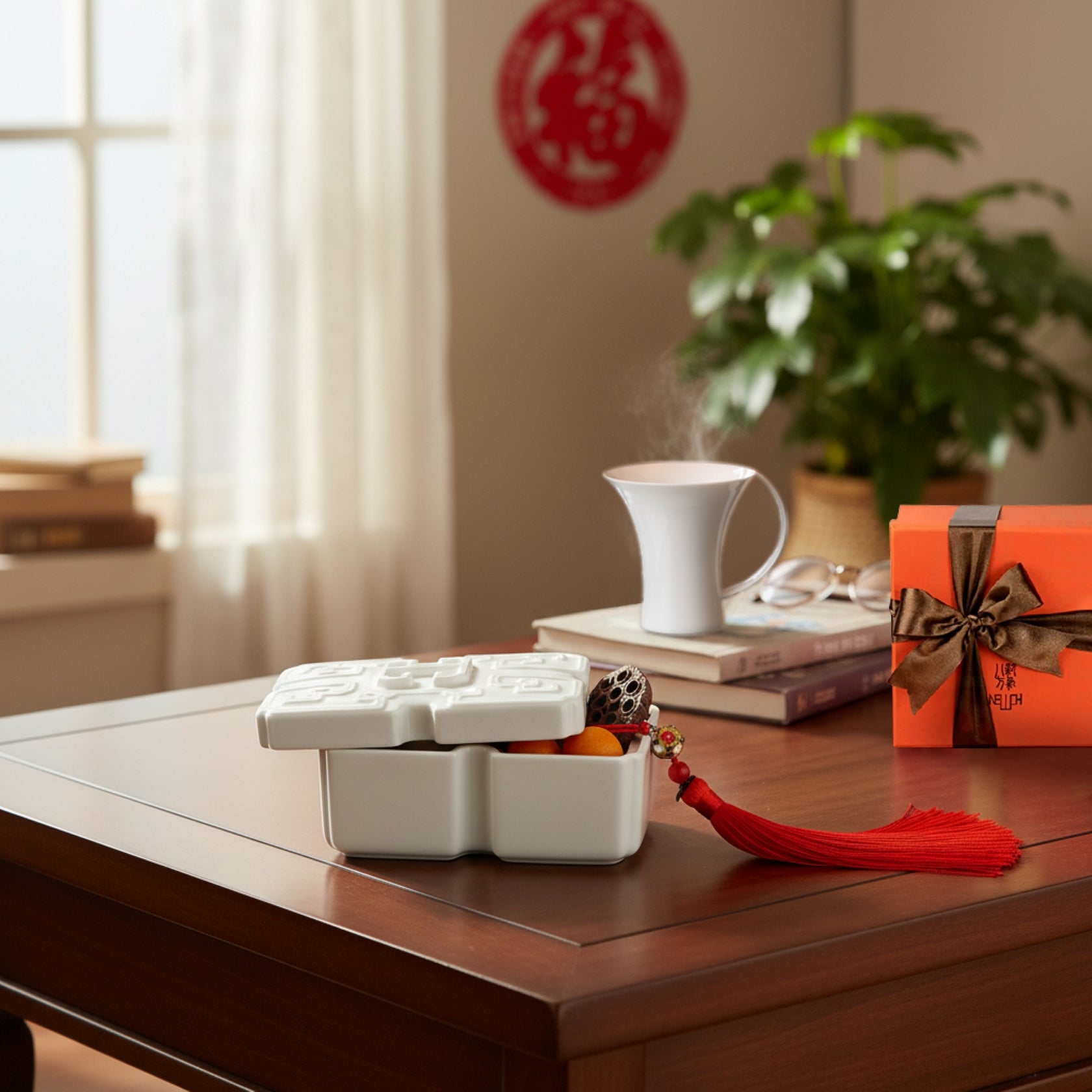 《吉壽年年》白瓷禮盒—壽字圖騰與四平八穩方形設計，象徵福壽綿延與端莊厚德，適合春節與長輩祝福的藝術瓷器擺件