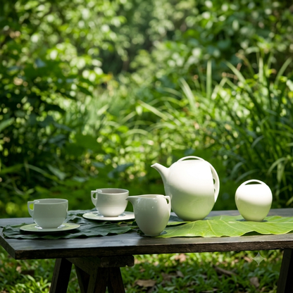 艷陽 Radiant Sun 白瓷咖啡茶具組置於戶外庭園，展現自然光影中的圓融美感