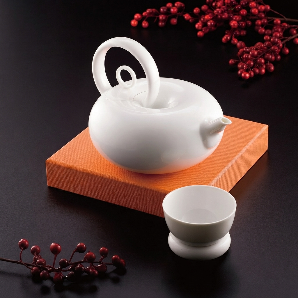 圓好夢白瓷茶壺與茶杯禮贈陳列，搭配橘色底座及紅色果實營造祝福氛圍