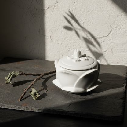 花開白瓷瓷盒淺灰背景・蓮花瓷盒整體造型・八方新氣 NewChi Porcelain