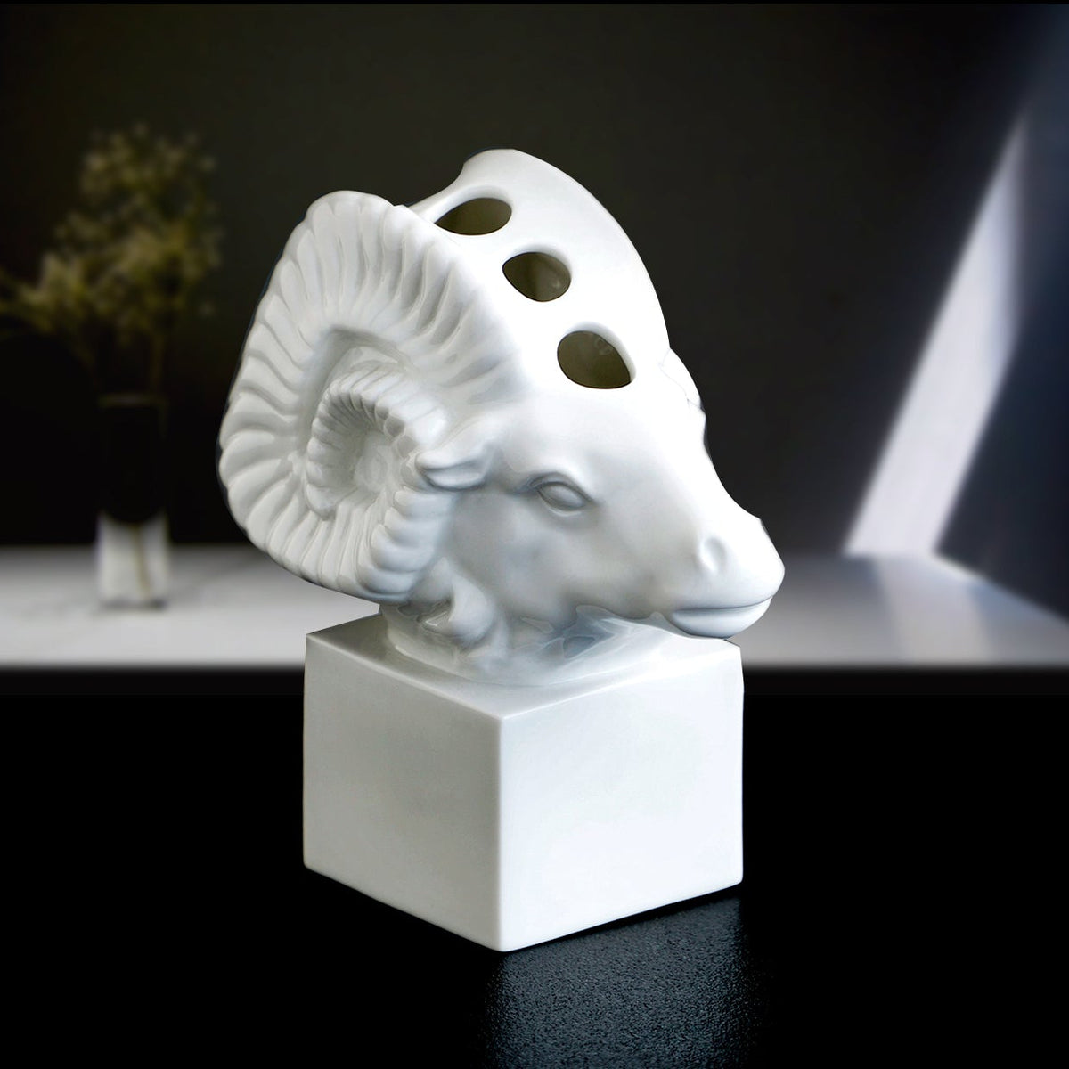 Leading Role porcelain zodiac ram pen holder, lifelike horn and top openings, by Heinrich Wang