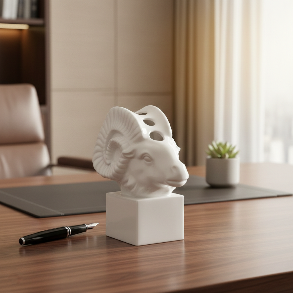 Leading Role porcelain zodiac ram pen holder on an office desk, by Heinrich Wang