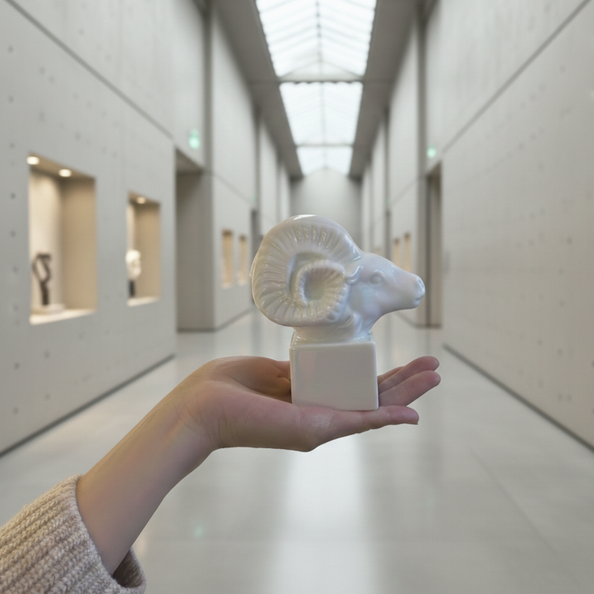 Leading Role porcelain zodiac ram pen holder held in hand in a gallery corridor, by Heinrich Wang