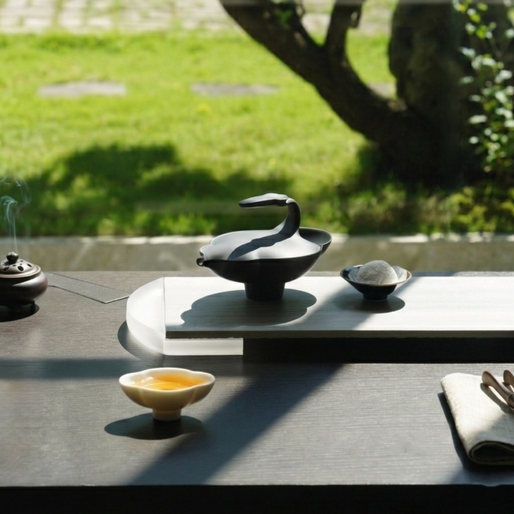 〈簡愛〉霧深灰茶壺與茶杯，戶外茶桌