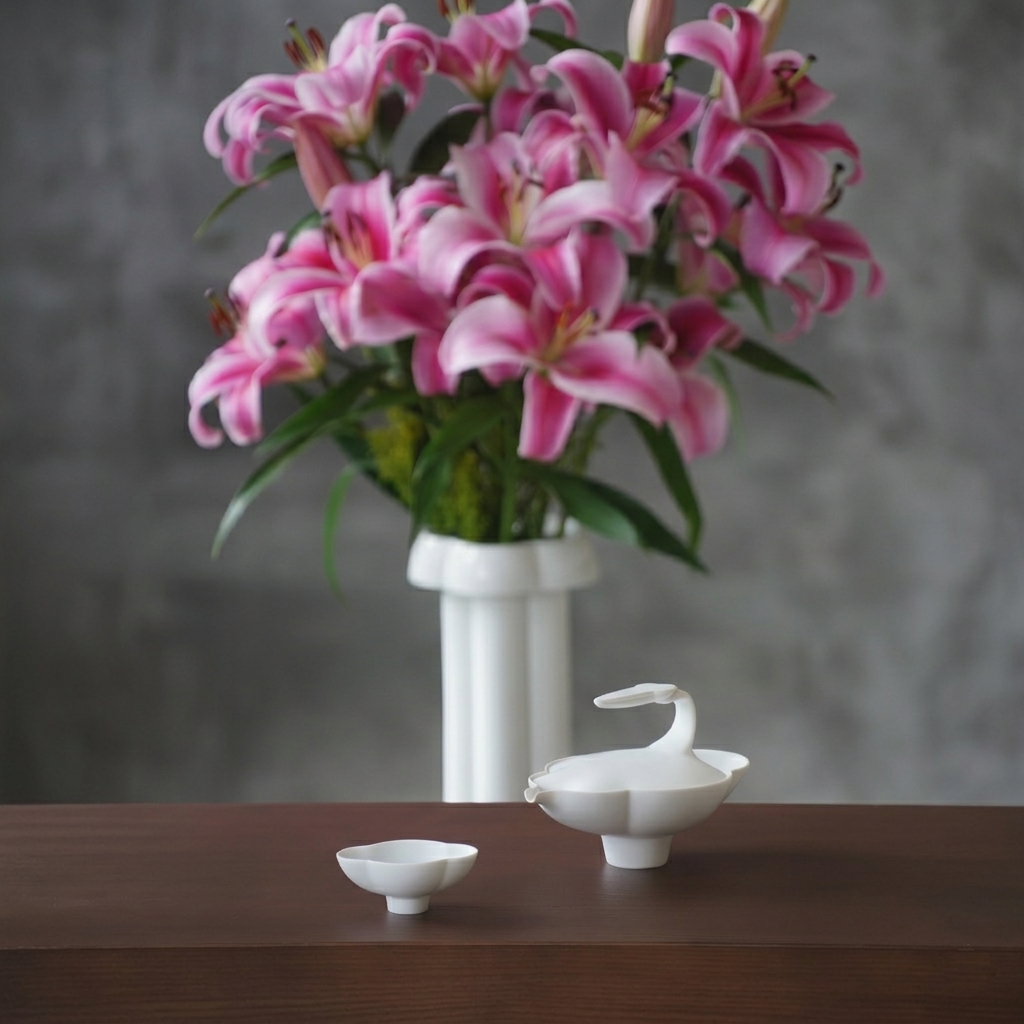 〈簡愛〉壺杯組，背景是百合花