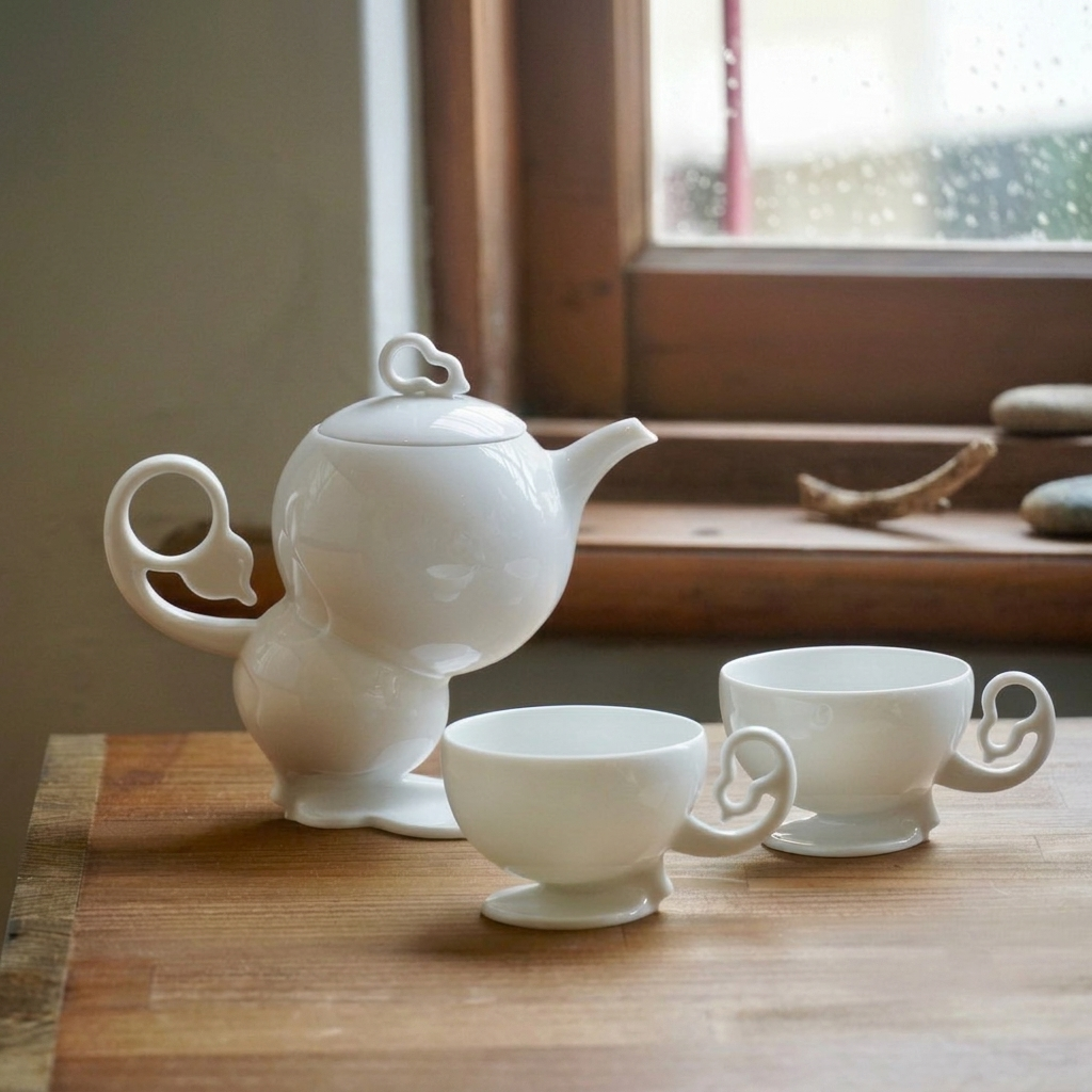 秋躍幸福 八方新氣 藝術造形杯 壺 葫蘆 白瓷 茶具組 荼器 居家生活