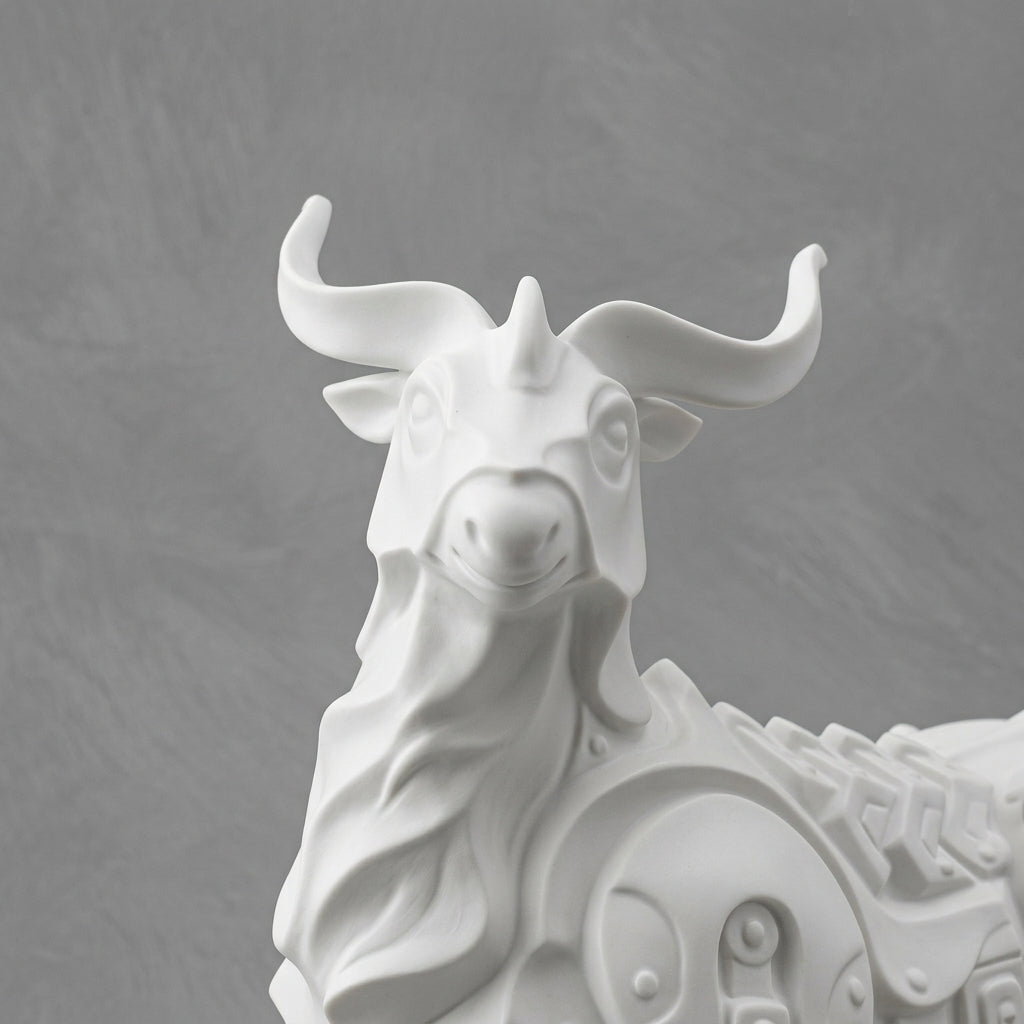 Front close-up of Full Stride showing the porcelain ram’s horns and raised head