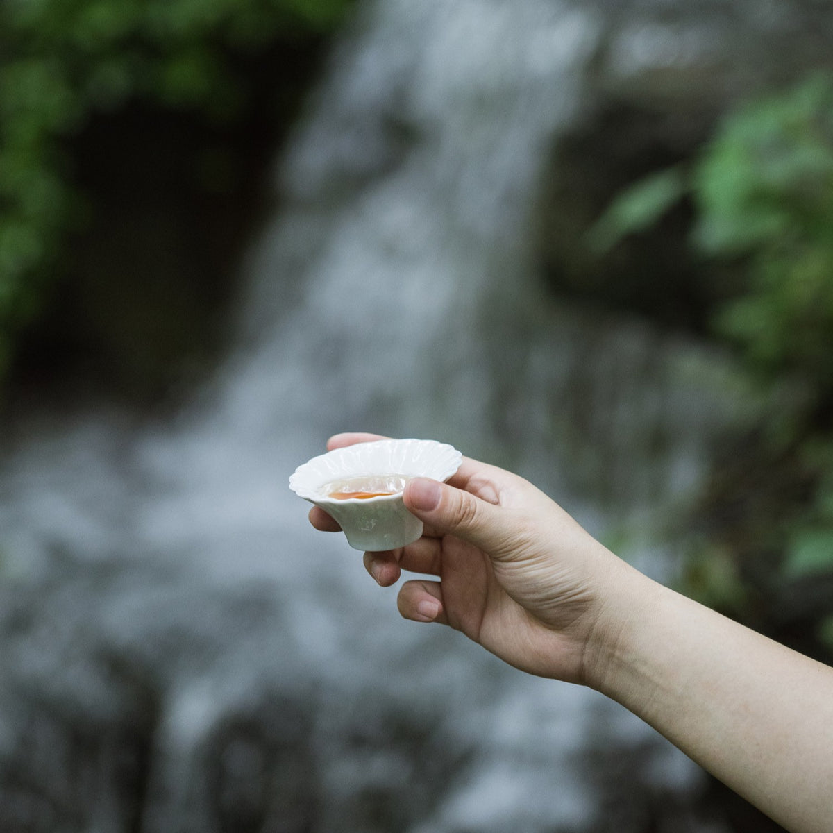 手持〈山水情深〉白瓷茶杯，背景是山間瀑布