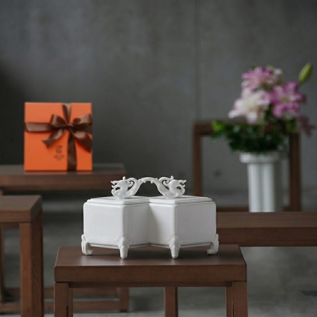 龍耀八方白瓷傳家瓷盒書房陳設場景，花器點綴，展示居家典藏擺設，八方新氣
