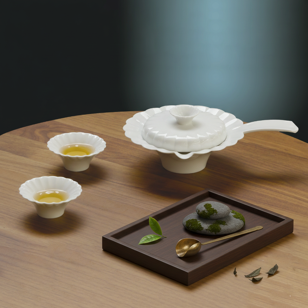 〈珍珠〉茶壺與兩杯茶，原木桌上