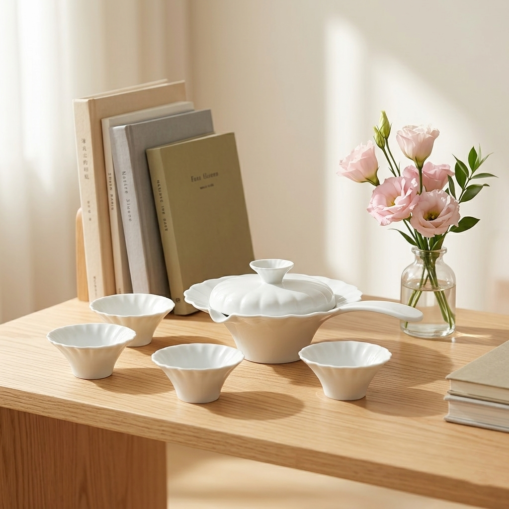〈珍珠〉茶壺與五只茶杯，書桌旁