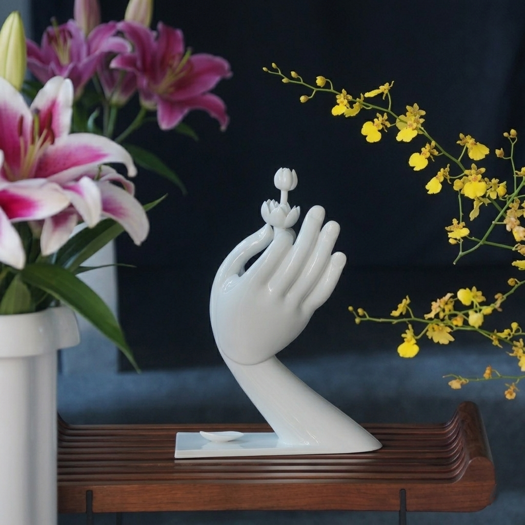 大慈飄香白瓷佛手拈蓮擺件室內情境・書房禪意陳設・八方新氣 NewChi Porcelain