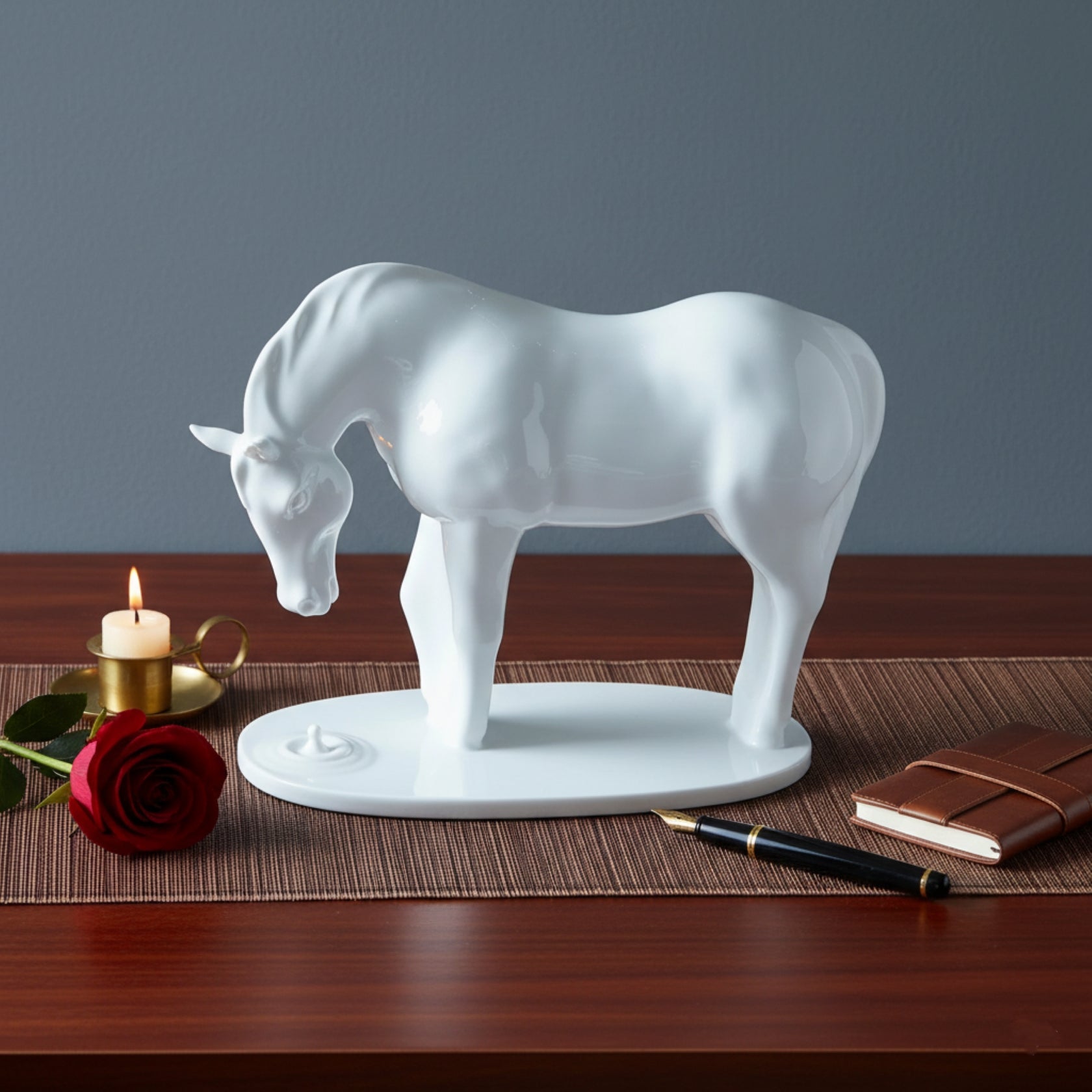 一匹低首凝視水滴的白瓷馬，於靜謐中流動溫柔。象徵在起伏人生中，不忘曾為你帶來轉機的那滴水。